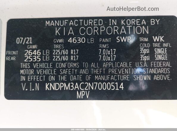 KNDPM3AC2N7000514 2022 KIA SPORTAGE White Widok komory silnika