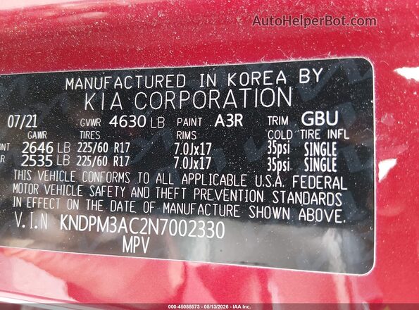 KNDPM3AC2N7002330 2022 KIA SPORTAGE Red Вид підкапотного простору