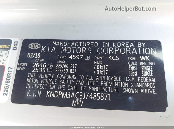 KNDPM3AC3J7485871 2018 KIA SPORTAGE Silver Engine compartment view