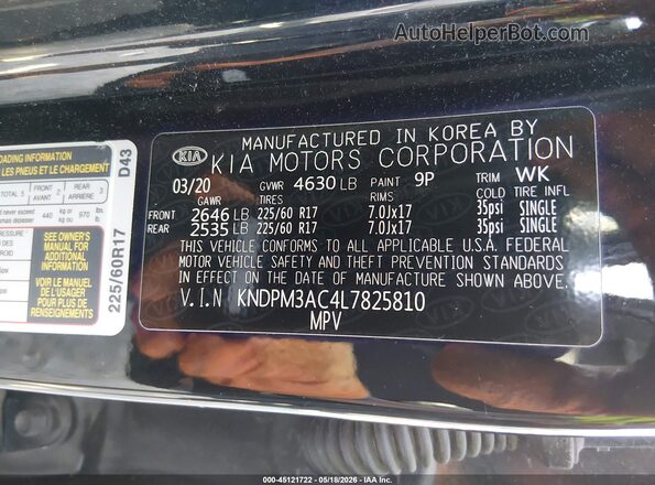 KNDPM3AC4L7825810 2020 KIA SPORTAGE Black Շարժիչի բաժամունքի տեսք