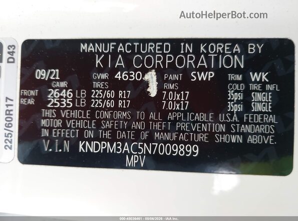 KNDPM3AC5N7009899 2022 KIA SPORTAGE White Շարժիչի բաժամունքի տեսք