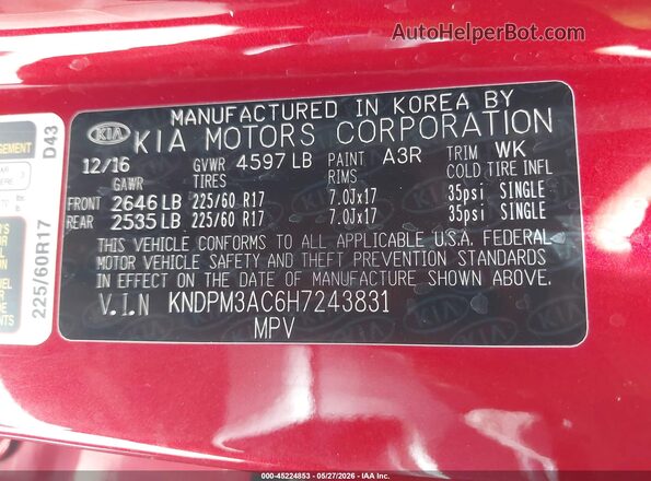 KNDPM3AC6H7243831 2017 KIA SPORTAGE Красный Вид подкапотного пространства