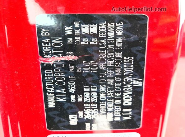 KNDPM3AC6N7010155 2022 KIA SPORTAGE Red VIN კოდის სტიკერის ხედი
