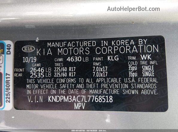 KNDPM3AC7L7768518 2020 KIA SPORTAGE Silver ძრავის განყოფილების ხედი