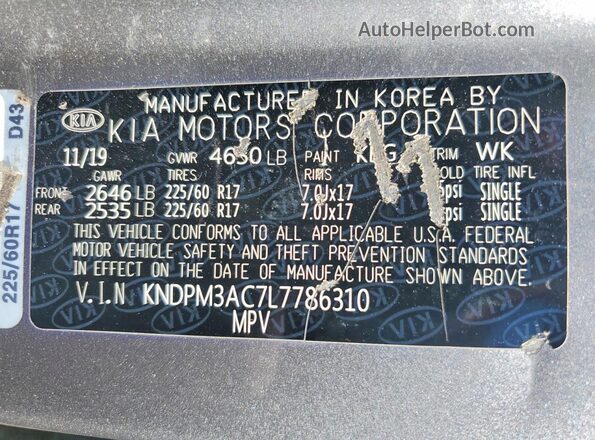 KNDPM3AC7L7786310 2020 KIA SPORTAGE Серый Вид наклейки с VIN-кодом