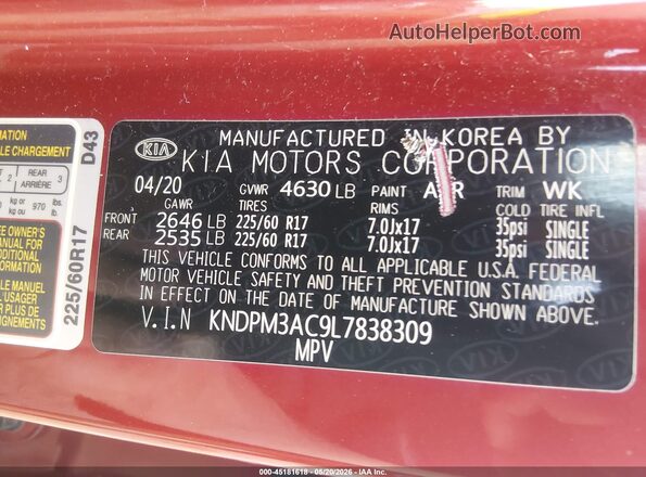 KNDPM3AC9L7838309 2020 KIA SPORTAGE Red Widok komory silnika