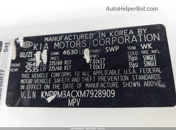 KNDPM3ACXM7928909 2021 KIA SPORTAGE White Vista del compartimento del motor