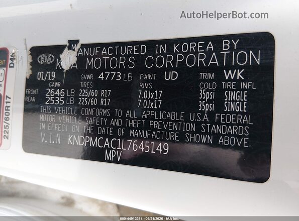 KNDPMCAC1L7645149 2020 KIA SPORTAGE White Engine compartment view