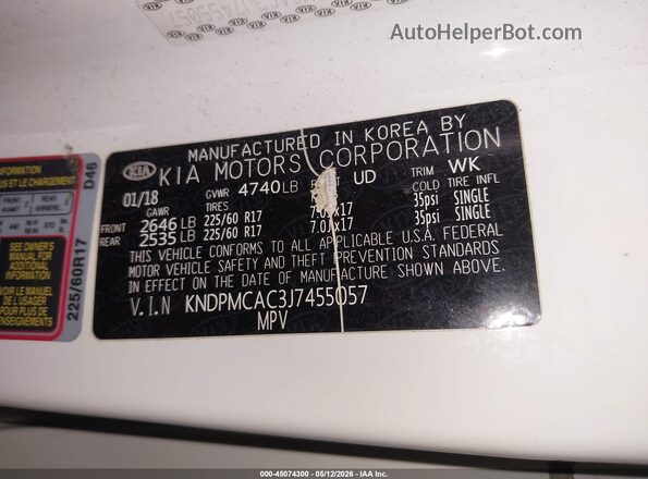 KNDPMCAC3J7455057 2018 KIA SPORTAGE White Вид підкапотного простору