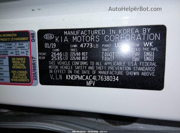 KNDPMCAC4L7638034 2020 KIA SPORTAGE White Շարժիչի բաժամունքի տեսք