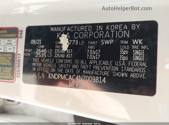 KNDPMCAC4N7009814 2022 KIA SPORTAGE White ძრავის განყოფილების ხედი