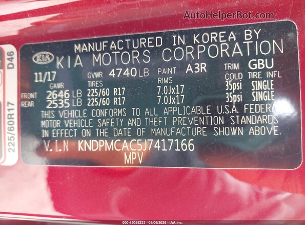 KNDPMCAC5J7417166 2018 KIA SPORTAGE Red Շարժիչի բաժամունքի տեսք