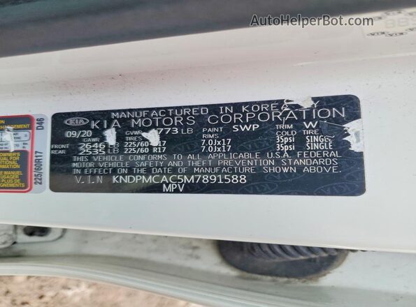 KNDPMCAC5M7891588 2021 KIA SPORTAGE White Vista de la etiqueta del VIN
