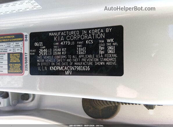 KNDPMCAC5N7981616 2022 KIA SPORTAGE Silver Вид підкапотного простору