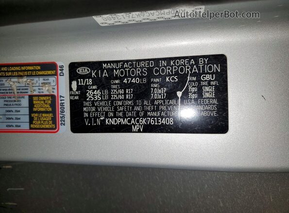 KNDPMCAC6K7613408 2019 KIA SPORTAGE Silver VIN sticker view