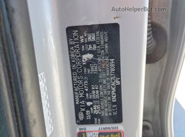 KNDPMCAC7L7780894 2020 KIA SPORTAGE Silver VIN կոդի պիտակի տեսք