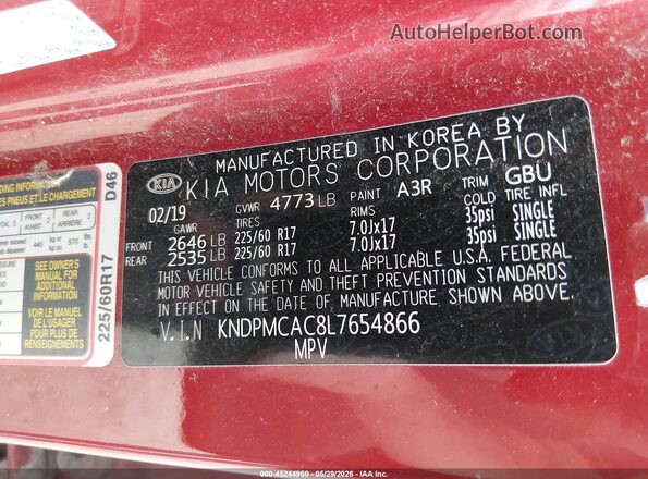 KNDPMCAC8L7654866 2020 KIA SPORTAGE Red ძრავის განყოფილების ხედი