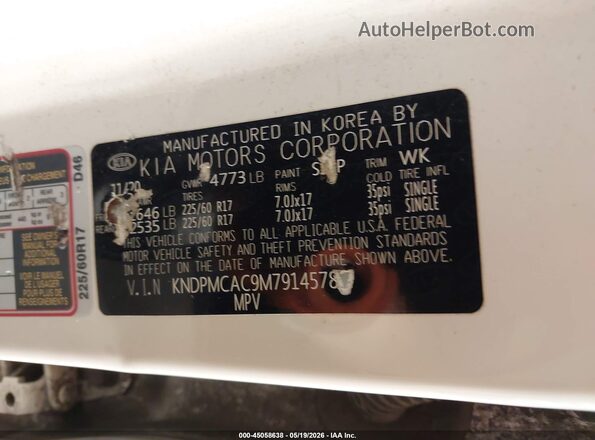 KNDPMCAC9M7914578 2021 KIA SPORTAGE White ძრავის განყოფილების ხედი