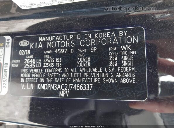 KNDPN3AC2J7466337 2018 KIA SPORTAGE Черный Вид подкапотного пространства