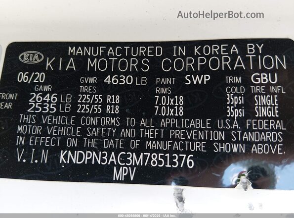 KNDPN3AC3M7851376 2021 KIA SPORTAGE White ძრავის განყოფილების ხედი