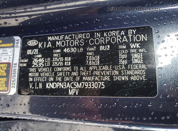 KNDPN3AC5M7933075 2021 KIA SPORTAGE Blue Widok naklejki z numerem VIN