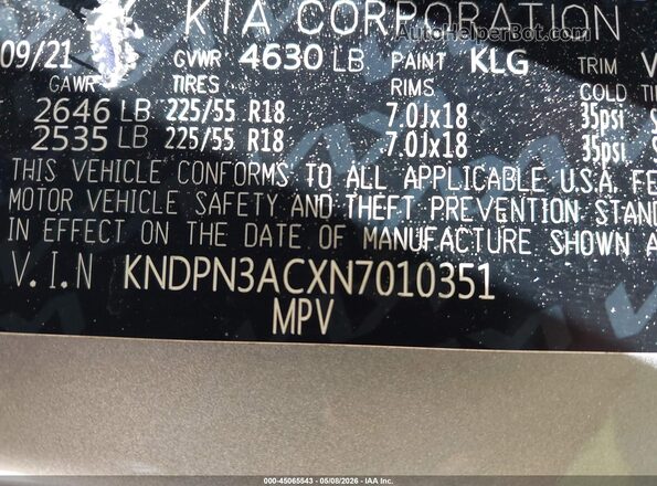 KNDPN3ACXN7010351 2022 KIA SPORTAGE Gray Widok komory silnika