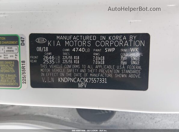 KNDPNCAC5K7557331 2019 KIA SPORTAGE White 