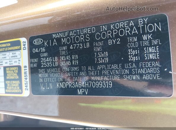 KNDPR3A64H7099319 2017 KIA SPORTAGE Orange Вид підкапотного простору