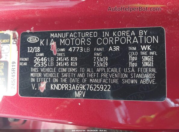 KNDPR3A69K7625922 2019 KIA SPORTAGE Red 