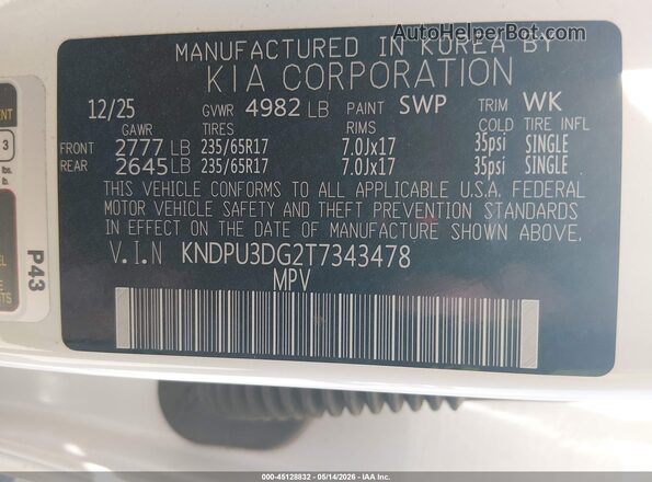 KNDPU3DG2T7343478 2026 KIA SPORTAGE HYBRID White Widok komory silnika