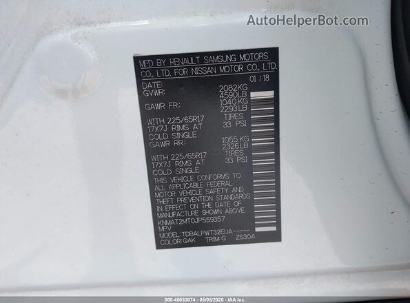KNMAT2MT0JP559357 2018 NISSAN ROGUE White 