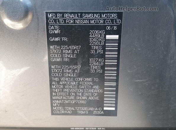 KNMAT2MT1GP713910 2016 NISSAN ROGUE Gray Vista del compartimento del motor