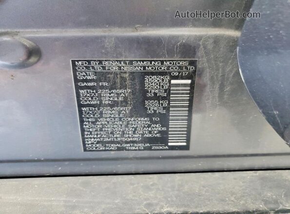 KNMAT2MT1JP504917 2018 NISSAN ROGUE Gray Вид наклейки з VIN-кодом