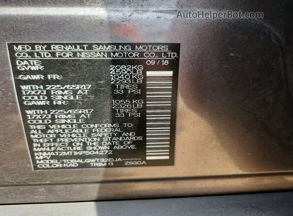 KNMAT2MT1KP504272 2019 NISSAN ROGUE Gray 