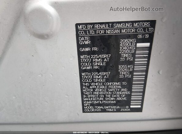 KNMAT2MT1LP503348 2020 NISSAN ROGUE Silver Widok komory silnika