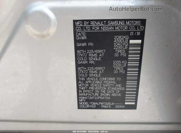 KNMAT2MT2JP547114 2018 NISSAN ROGUE Silver 