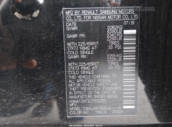 KNMAT2MT2LP512253 2020 NISSAN ROGUE Black Widok komory silnika