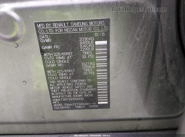KNMAT2MT3GP614490 2016 NISSAN ROGUE Gray 