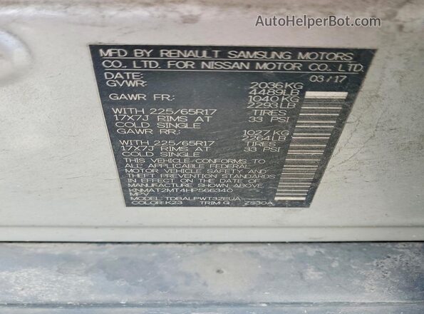 KNMAT2MT4HP566340 2017 NISSAN ROGUE Silver VIN sticker view