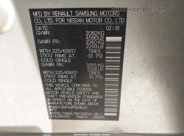 KNMAT2MT4JP563623 2018 NISSAN ROGUE Silver Widok komory silnika