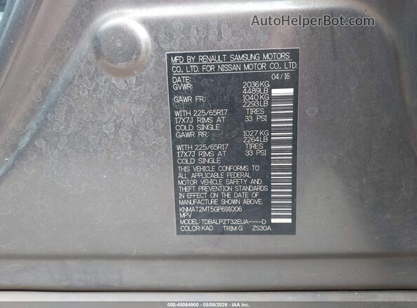 KNMAT2MT5GP691006 2016 NISSAN ROGUE Gray Widok komory silnika