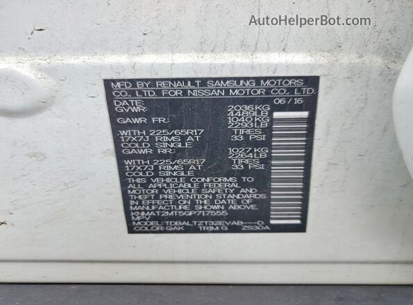 KNMAT2MT5GP717555 2016 NISSAN ROGUE White 