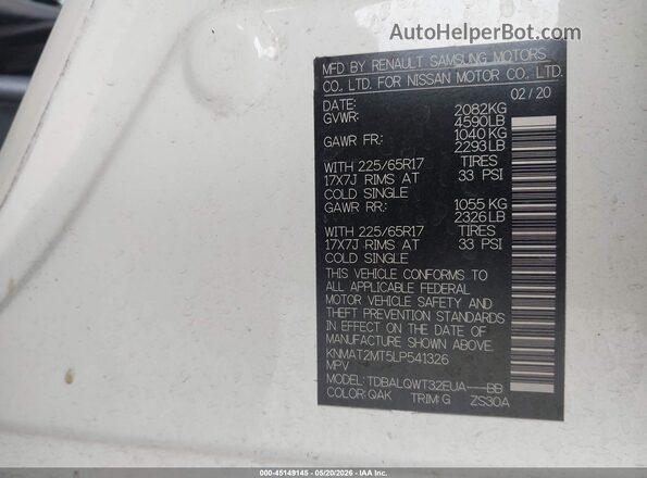 KNMAT2MT5LP541326 2020 NISSAN ROGUE White Вид підкапотного простору
