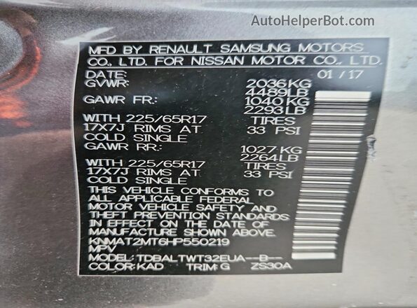 KNMAT2MT6HP550219 2017 NISSAN ROGUE Gray VIN კოდის სტიკერის ხედი
