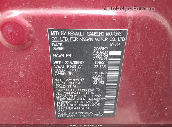 KNMAT2MT7GP614184 2016 NISSAN ROGUE Maroon Շարժիչի բաժամունքի տեսք