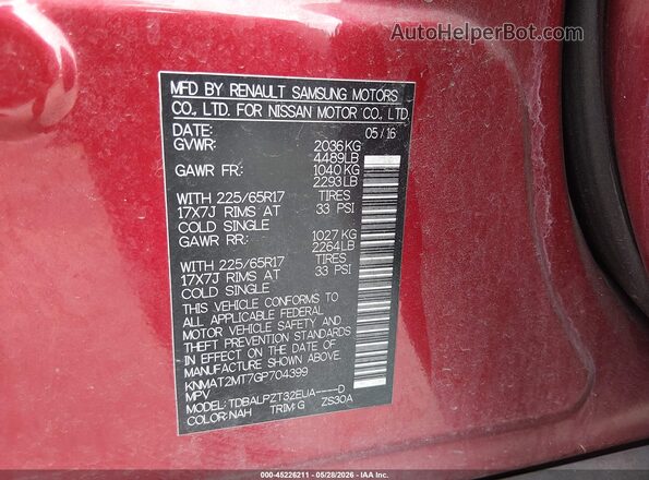 KNMAT2MT7GP704399 2016 NISSAN ROGUE Red Вид підкапотного простору