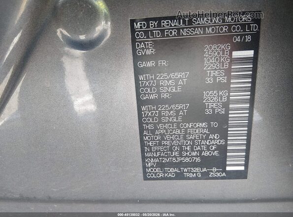 KNMAT2MT8JP580716 2018 NISSAN ROGUE Gray ძრავის განყოფილების ხედი