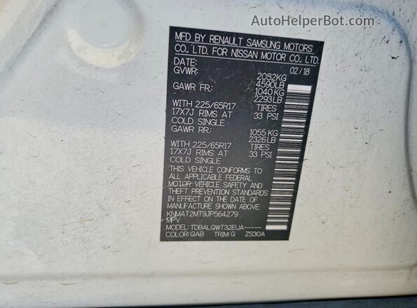 KNMAT2MT9JP564279 2018 NISSAN ROGUE White 