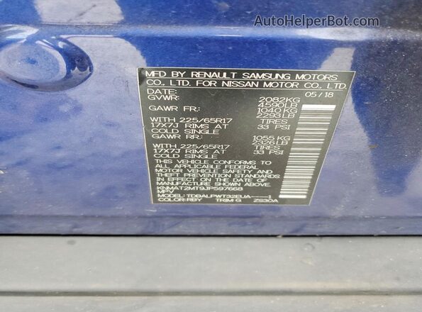 KNMAT2MT9JP597668 2018 NISSAN ROGUE Blue VIN კოდის სტიკერის ხედი