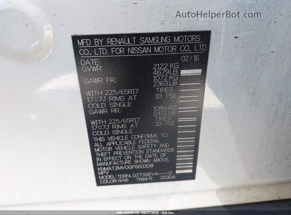 KNMAT2MV0GP663308 2016 NISSAN ROGUE White 